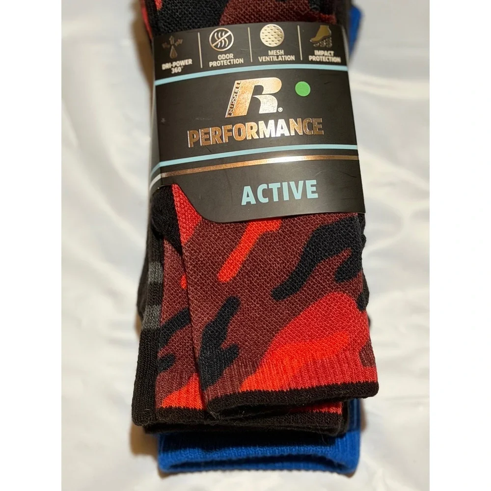 Russell Performance Active Crew Socks Red Camo Blue Stripe 3 Pair‎ Large Boys